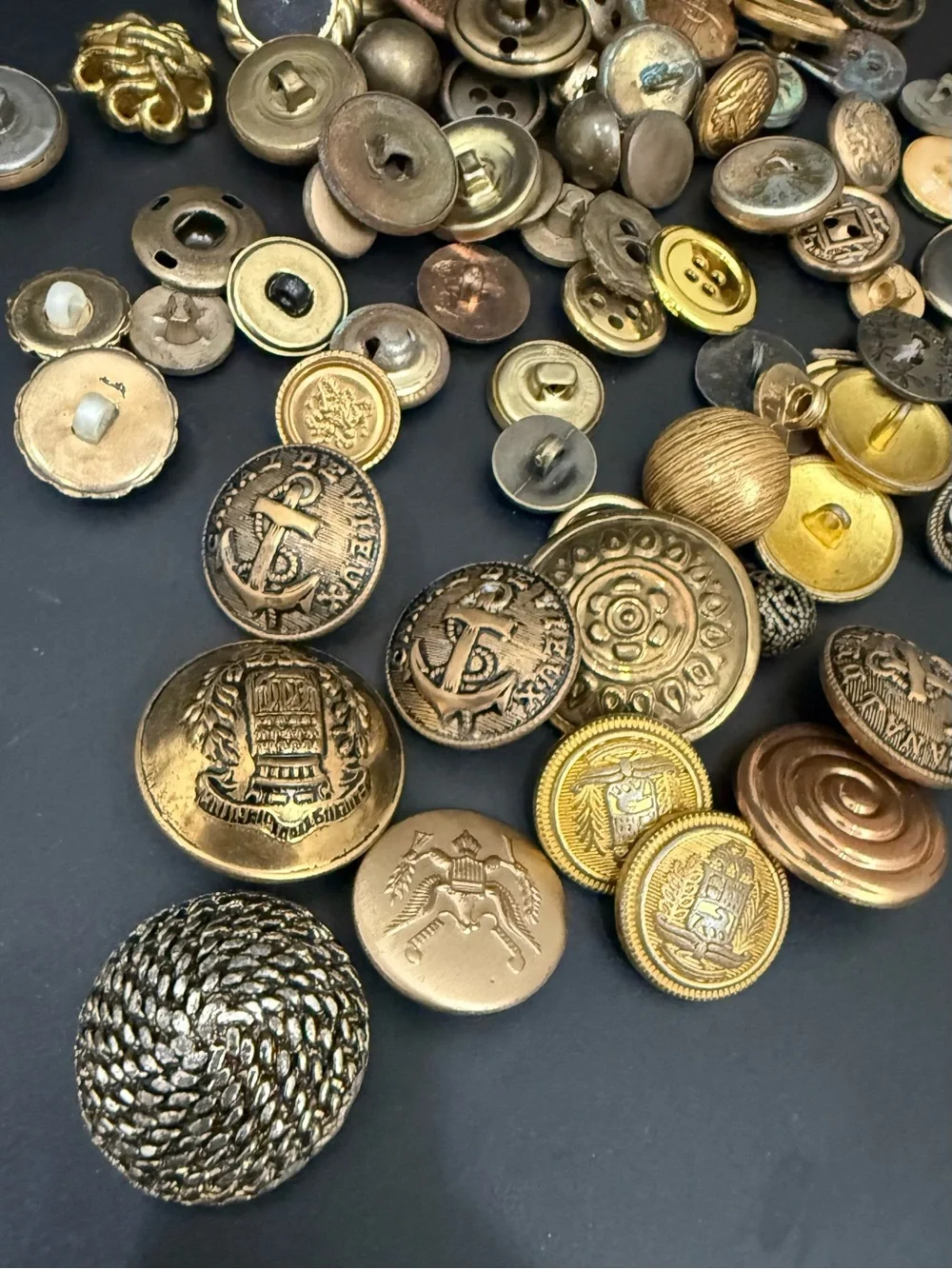 Vintage Mixed Assortment of Sewing Buttons Antique Gold-tone Metal Military